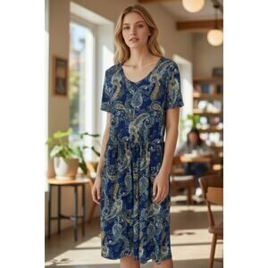 2/$30 Boutique Midi Dress Size L Stretch Black Paisley Pockets